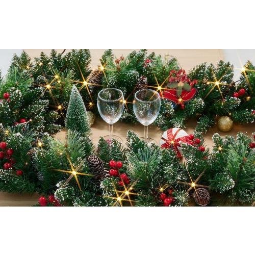 9ft Prelit Christmas Garland with Lights, Battery Operated Lighted Garland Pine Cones & Red Berries, Christmas Decoration for Mantle, Fireplace Indoor & Outdoor （Pine）