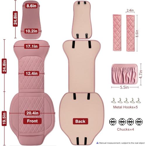 Front Car Seat Covers - Leather Seat Covers with Storage Pocket and Two Belt Pads, Anti-Slip Waterproof Universal Seat Covers for Cars Fit Cars Trucks SUV(Pink,2 Pack)