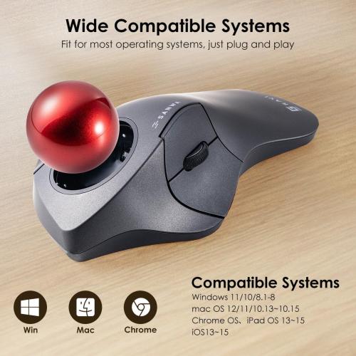 SANWA Bluetooth 5.1   2.4 G Wireless Ergonomic Trackball Mouse, Finger Control Roller Ball Mouse, 3 Device Switch, Silent Programmable Buttons, 1000/1600/2400 DPl, Compatible with PC, Windows, MacOS