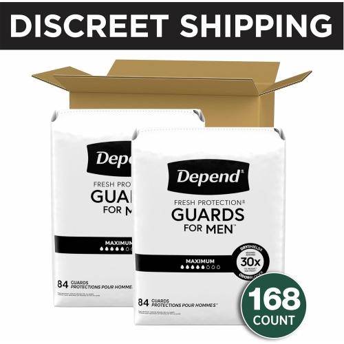 Depend Guards Incontinence Pads for Men, Maximum Absorbency, 168 Count (2 Packs of 84), Packaging May Vary