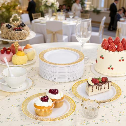 WDF 100pcs Gold Dessert Plates 7.5 with 100 Pieces Disposable Forks 7.4, Lace Design Fancy Appetizer Small Salad and Cake Plates for Thanksgiving Party/Weeding
