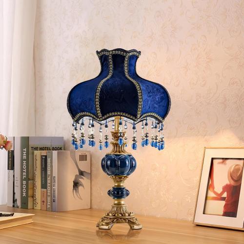 European Style Table Lamp with Fabric Lampshade Hand-Made Antique Varnished Resin Lampbody Victorian Style Table Lamp for Living Room Bedroom(Blue)