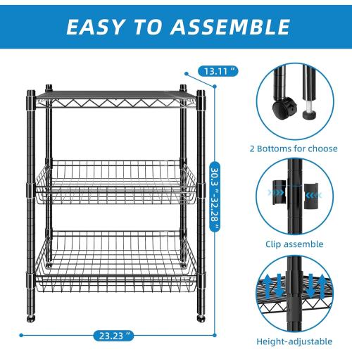 3 Tier Rolling Cart Service Cart Wire Basket Shelf Storage Trolley Shelf 2 Bottoms for Choose(Castor or Leveling Feet) for Office,Kitchen,Black(23.23 L x 13.11 W x 32.28 H)