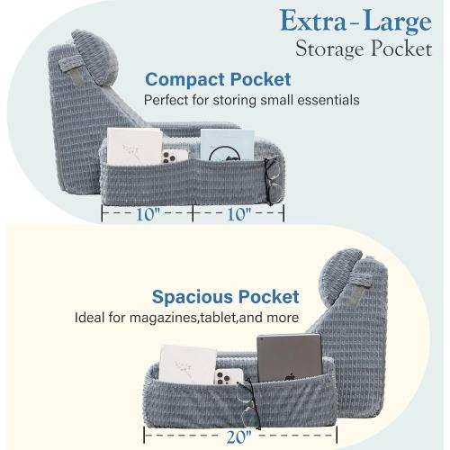 Color Grey Selectico Reading Pillow for Bed, Back Pillow for Bed Sitting up, Big Pockets & Built-in Arms, Backrest Cushion, Wedge Support for Reclining/Reading/Resting/Watching TV, Washable Cover, Grey