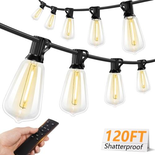 Brightever 120FT LED Outdoor String Lights with Remote, Patio Lights Outdoor Waterproof with 36 2 Shatterproof ST38 LED Bulbs, Dimmable Outside Hanging Light for Porch, Garden, Backyard, Cafe, 2700K