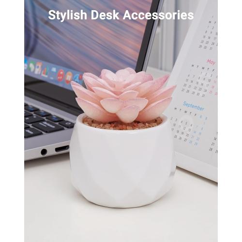 VIVERIE Mini Succulents Plants Artificial in Pots-Rose Pink, Christmas Small Fake Succulents Plants for Home Decor Indoor for Women, White Ceramic Faux Succulents, Set of 1, Gifts for Mom