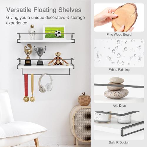 Forbena White Floating Shelves for Bathroom Organizer Over Toilet, Bathroom Shelves Wall Mounted with Towel Rack, Corner Wall Shelf for Bedroom Decor Kitchen Storage (White-Dark Grey, Set of 2)