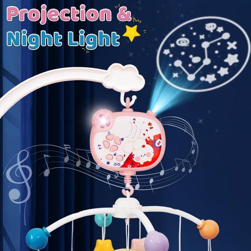 Baby Mobiles for Cribs, Crib Mobile with Music and Lights, Nursery Musical Mobile for Bassinets Hanging Toys with Remote Control, Rotation, Projection, Animal Mobile Arm Clip On for Infant Boys Girls