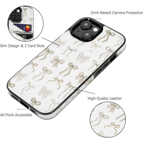 Compatible with iPhone 13/14/15 6.1 inch Case with Card Holder Soft Cute Leather Wallet Case Protective Shockproof Hard Cover for Women Girls (Pastel Ribbon Bow)