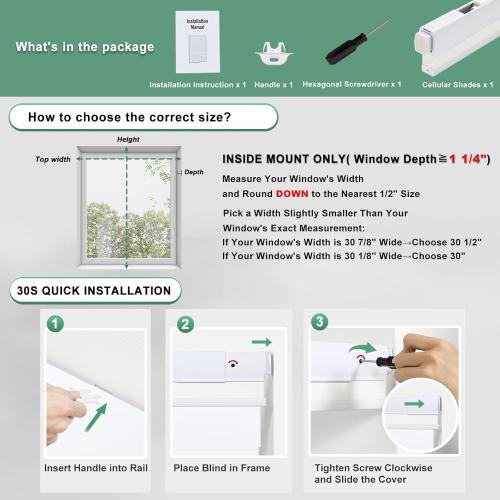 No Drill Cellular Shades for Indoor Windows, Thermal Insulating & Noise Reducing Honeycomb Blinds, Cordless Free Stop Blinds Light Filtering, White, 38 1/2 W x 64 H