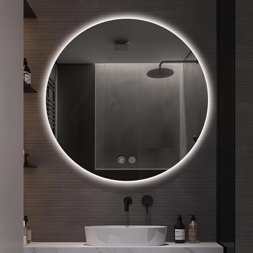 Niccy Round Led Mirror for Bathroom, 30 Circle Frameless Backlit Mirror wiht Light, Anti-Fog, 3 Colors, Waterproof, Memory Function
