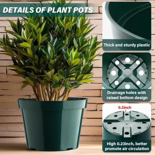 8 Inch Plastic Plant Pots, 15 Pack Sturdy Nursery Pots with Drainage Holes, Flower Planter Pots for Indoor Outdoor, Garden Containers Sets for Vegetable Herbs Flowers, Green