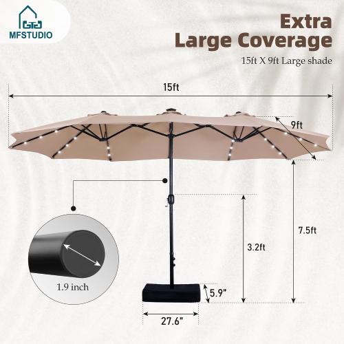 Size 15ft Color  beige Double Sided Patio Umbrella with Solar Lights, Outdoor Large Umbrellas with Crank Handle and 36 LED Lights, Rectangular Market Umbrella with Base Included for Deck Pool Shade, Beige