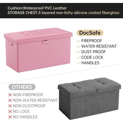 DocSafe Storage Ottoman Bench with Lock,Fireproof 30 Inches Folding Bench Foot Rest Stool Storage Chest Safe for Living Room,Bedroom,Home Office,Waterproof Leather Ottoman with Handles,Pink