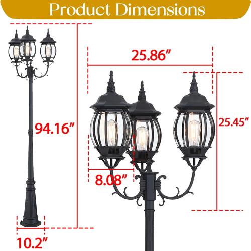 94 Inch 3-Light Post Lantern For Patio Lawn Pathway Triple-Head Post Light For Front Yard Outdoor Street Light 94” Exterior Pole Lights,Aluminium Alloy,Clear Glass Shade,E26(Bulbs Not Included)