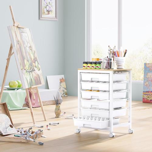 Rolling Storage Utility Cart with 6 Drawers and Wooden Tabletop for Under Desk Storage,White