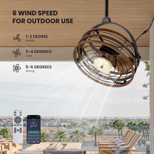 Outdoor Ceiling Fan with Lights, 23‘’ Waterproof Gazebo Fan with Remote Control Smart App, Plug in Caged Ceiling Fan for Patios, Pergola Porch