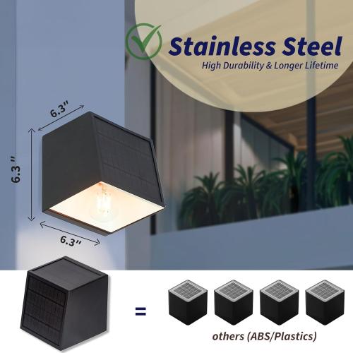 Solar Sconce Lights Outdoor, High Brightness Front Porch Lights, Stainless-Steel Wall Mounted Waterproof, Modern Black Exterior Lighting for Outside Entryway, Door, Yard, Warm White 2Pk