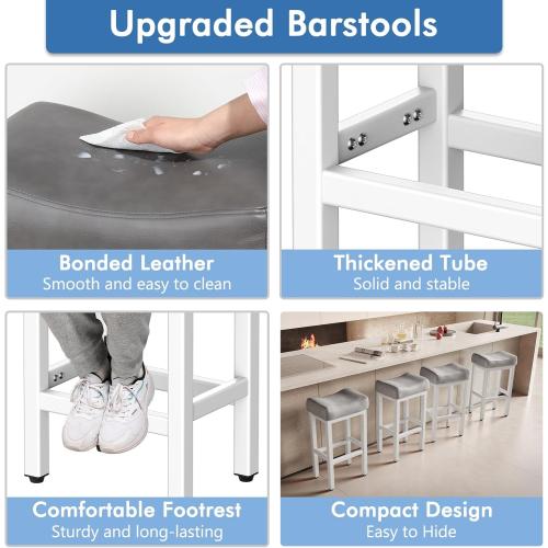 29 Inch Bar Height Bar Stools Set of 2, 29 Barstools for Kitchen Island Counter, Backless Bonded Leather Bar Height Stools with Thick Saddle Seats & Heavy Duty Metal Base, Easy Assembly, Gray/White