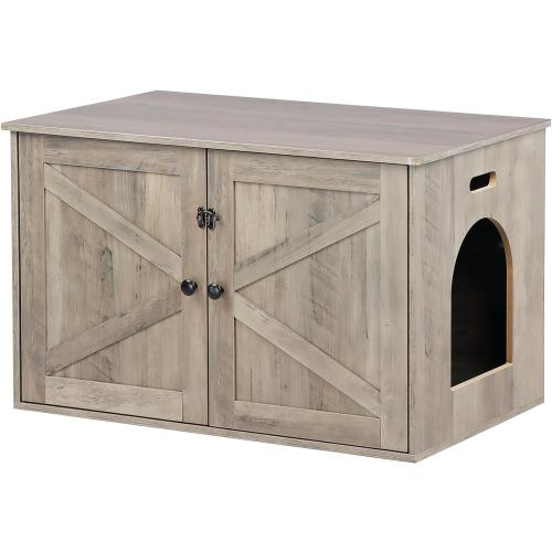 Timberer Cat Litter Box Enclosure, Litter Box Furniture Hidden with Removable Divider, Wooden Cat Washroom Furniture, Greige