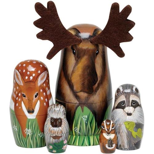 Bits and Pieces Moose Nesting Dolls - Russian Doll Set of 5 Hand Painted Wood Matryoshka Dolls, Traditional