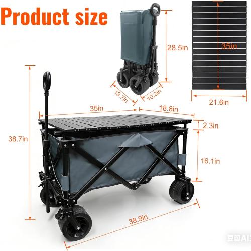 Collapsible Foldable Wagon Cart with Big Wheels and Tabletop, Large Capacity 440Lbs Folding Utility Wagon Carts for Sand, Beach, Camping, Shopping, Sport (Gray)