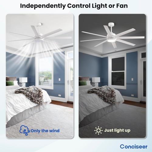 Modern Ceiling Fans with Lights, 65 Inch Ceiling Fan with Light and Remote for Bedroom Living Room Kitchen Office, Indoor/Outdoor Use, 24W 6CCT 8 Blades 6 Speed Reversible Quiet DC Motor, White