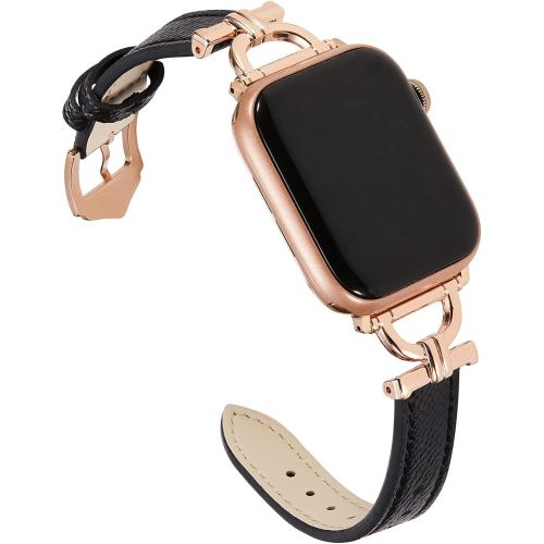 Genuine Leather Band Compatible with Apple Watch Women 38mm 40mm 41mm 42mm(2024 series 10), Designer Slim Leather Strap with D-Shape Gold Metal Buckle for iWatch Series 10 9 8 SE 7 6 5 4 3 2 1, Black