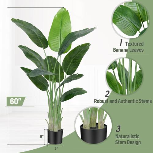 Lifelike Bird of Paradise Artificial Plant,5ft Faux Banana Leaf Tree with 10 Trunks - Perfect Indoor Silk Floor Plant for Home Decor in Living Room, Office, and Bedroom 1Pack