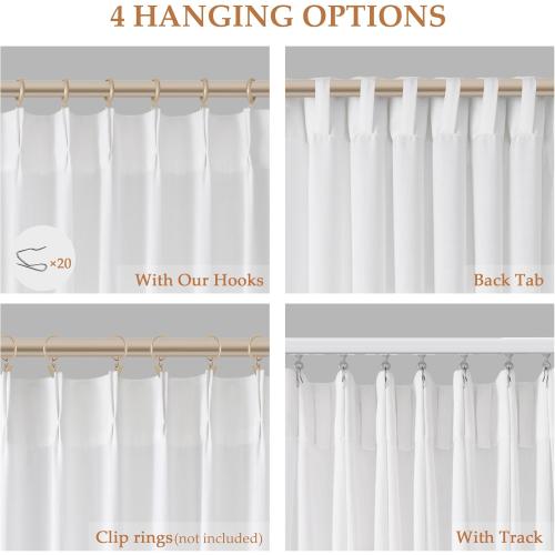 White Pinch Pleated Linen Curtains 96 Inches Long 2 Panels for Living Room Bedroom Cotton Light Filtering Semi Sheer 96 Inch Curtains Ceiling Floor Off White Pinch Pleat Drape with Hooks for Track