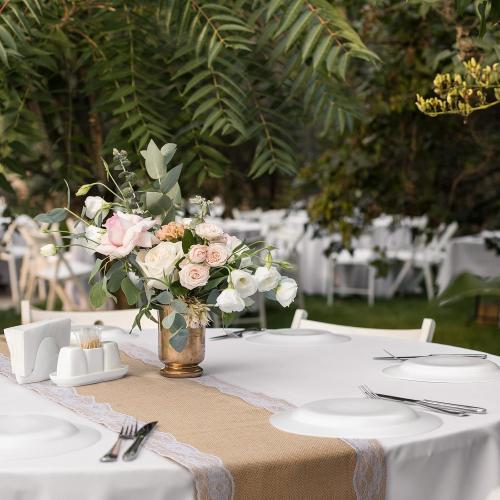 Tatuo 12 Pcs Lace Burlap Table Runner 12'' x 72'' Rustic Jute Hessian Farmhouse Country Vintage Romantic Fabric Cloth for Wedding Birthday Thanksgiving Party(Lovely)