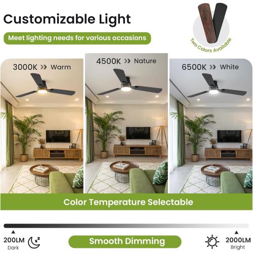 Ceiling Fans with Lights and Remote: 52 Inch Modern Black Ceiling Fan, Low Profile Flush Mount, Quiet Reversible DC Motor & 3CCT Dimmable LED for Bedroom Living Room Kitchen Indoor Outdoor