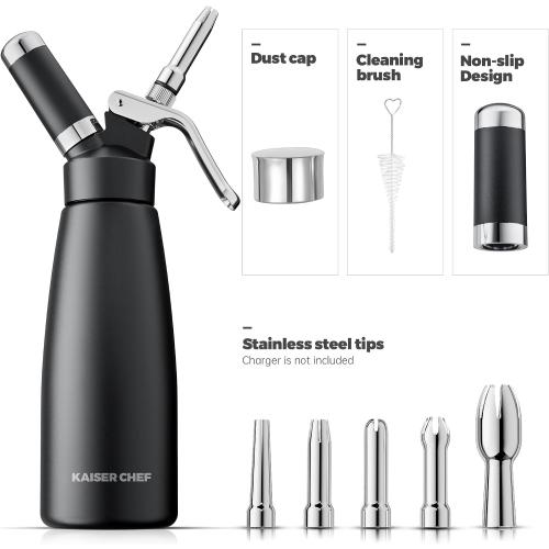 Professional Aluminum Whipped Cream Dispenser - 500 mL/1 Pint,Whipped Cream Maker Canister with 5 Decorating Nozzles & Cleaning Brush - Need To Use N2O Chargers (Not Included) (Black, 500ml)