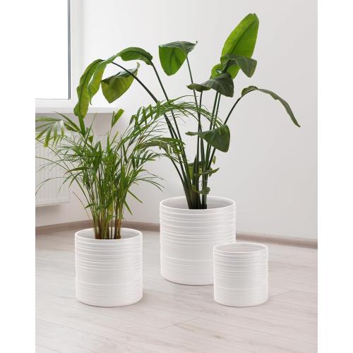Ceramic Plant Pots, 6/8/10 Inch Ceramic Planter with Drainage Hole and Mesh Pad, White Outdoor Planter Pots with Stripes for Home Office Garden Patio, Set of 3