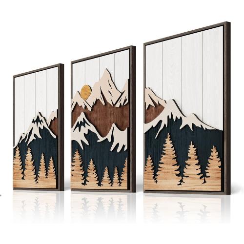 Framed Textured Wood Mountain Wall Art for Living Room, Large 3 Piece 3D Wood Farmhouse Artwork for Walls, Boho Landscape Mountain Forest Sun Wall Art Decor for Bedroom Office Hallway, 24x36 Inch