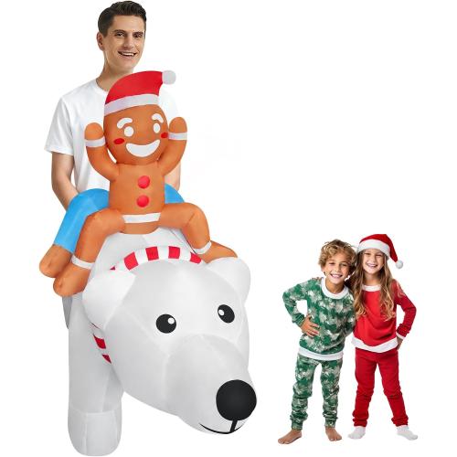 Funny Inflatable Gingerbread Man Riding On Polar Bear Costume Blow-Up Outfit for Adult/Christmas Parade/Halloween