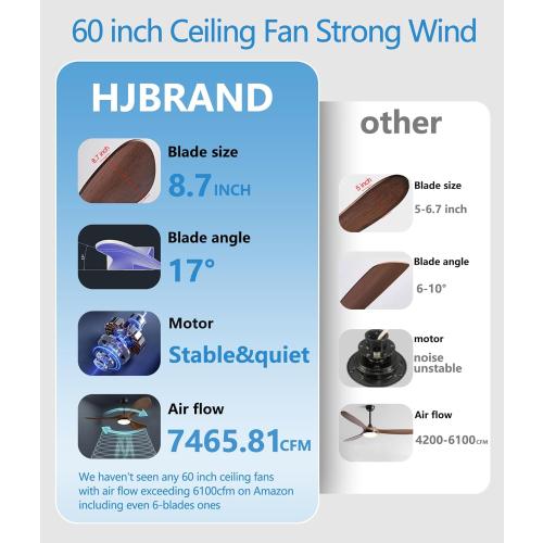 60 in Ceiling Fan of 7400 CFM High Airflow with Light and Remote Control,Outdoor/Indoor Ceiling Fan with 3 Blades Noiseless Reversible DC Motor 6 Speeds with 3 CCT and Timer for Living Room Patios
