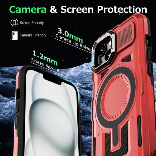 for iPhone 15 Case Compatible with MagSafe, Built-in Camera Ring Stand, 23 FT Military-Grade Drop Protection Magnetic Cover for iPhone 15 6.1'', Red