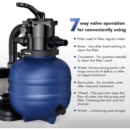 BLUBERY 13 Sand Filter with 1/3HP Pump System, Handy 7-Way Valve for Above Ground Pools with Prefilter Pool Pump, 115V, 23FT Cord for Easy Installation, GSF01A