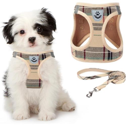 KOOLTAIL Dog Harness for Small Medium Dogs,Dog Harness and Leash Set, Step in No Pull Soft Mesh Padded Adjustable and Reflective Pet Vest Harness Puppy, Plaid Extra Harness for XS S Dogs, Beige S