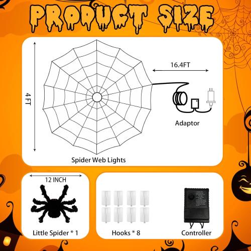 Orange & Purple EAMBRITE Halloween Spider Web Lights with 84LED Orange/Purple Lights, Light up Cobweb with Black Spider, Halloween Decorations for Room Proch Window Garden Indoor and Outdoor