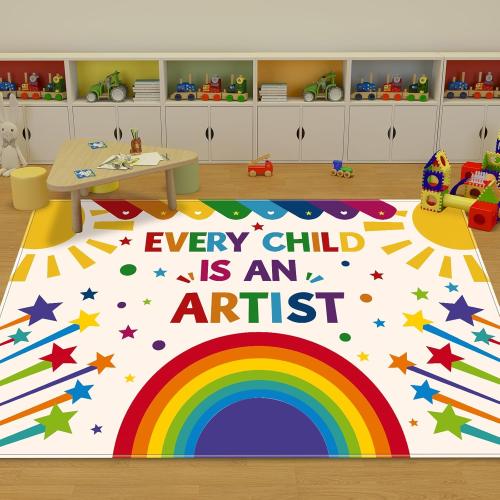 Size Medium Color White Rainbow Kids Rug, Washable Colorful Area Rug for Kids Room, Non-Slip Play Mat, Baby Crawling Mat, Kids Carpet Ultra Soft Play Rug for Classroom Playroom Bathroom