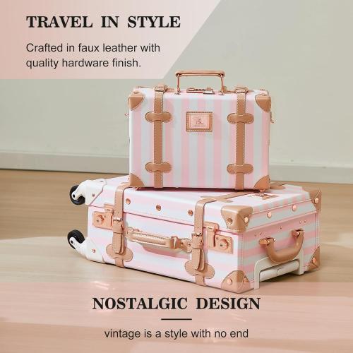 UNIWALKER Vintage Luggage Set, 2 Piece Faux Leather Carry on Suitcase with Spinner Wheels TSA Lock and Cosmetic Train Case for Women, Pink Strip, 20 12