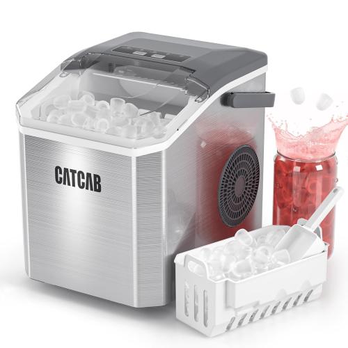 Countertop Ice Maker Machine with Handle, 9 Ice Cubes in 6 Mins, 26.5Lbs/24H, 2 Sizes of Bullet Ice, Auto-Cleaning Portable Ice Machine for Home Kitchen Party RV Camping, Stainless Steel Silver