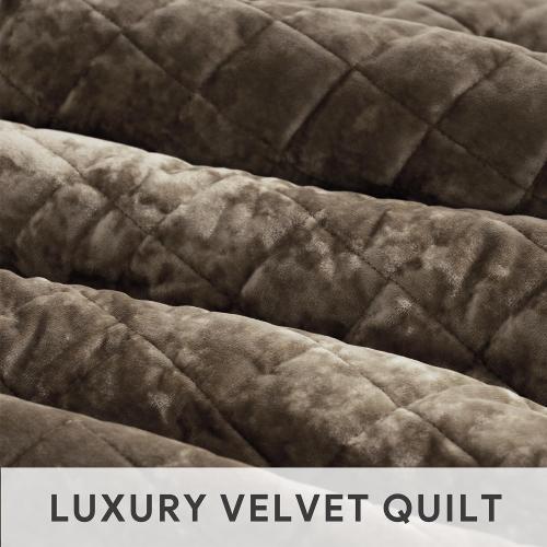 RECYCO Luxury Velvet Quilt Set Full Queen Size Bedding Sets, Ultra Soft Velvet Comforter Set, Lightweight Channel Box Stitch Oversized Bedspread Coverlet for All Season, with 2 Shams, Mocha Brown
