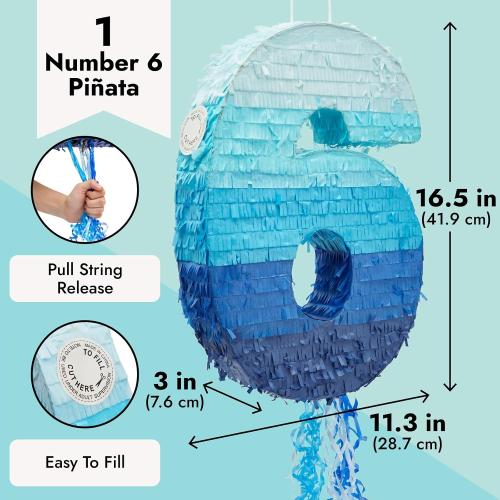 BLUE PANDA 6 Pinata Pull-String - Ombre Blue 16.5 x 11.3 x 3 In - Number 6 Pinata for Birthday Decorations & Party Decoration
