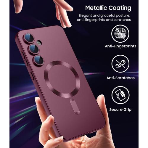Magnetic for Samsung Galaxy S25 Plus Case [Compatible with MagSafe][Built-in Camera Lens Protector] Slim Soft Silicone Bumper Shockproof Metallic Luster Phone Shell (Burgundy)