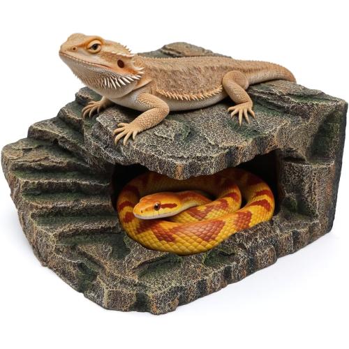 Extra Large Reptile Hide and Basking Platform, Resin Rock Cave for Bearded Dragons, Geckos, Snakes, Turtles and Lizards