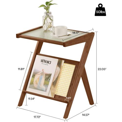 Product new. Box damage Rattan End Table with Magazine Rack Glass-top Bamboo Sofa Side Table Accent Bedside Nightstand Boho Z Shaped Coffee Table for Bedroom Living Room Small Space, Walnut