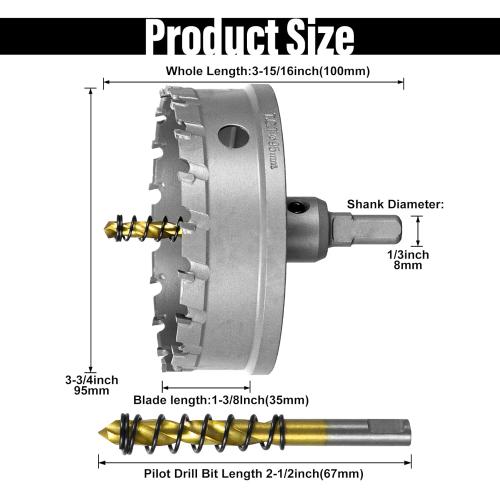 SALI 3-3/4(95mm) TCT Hole Saw Kit Tungsten Carbide Tipped Hole Saw Drill Bit with Titanium-Plated Pilot Drill bit for Metal, Stainless Steel, Iron, Wood, Plastic